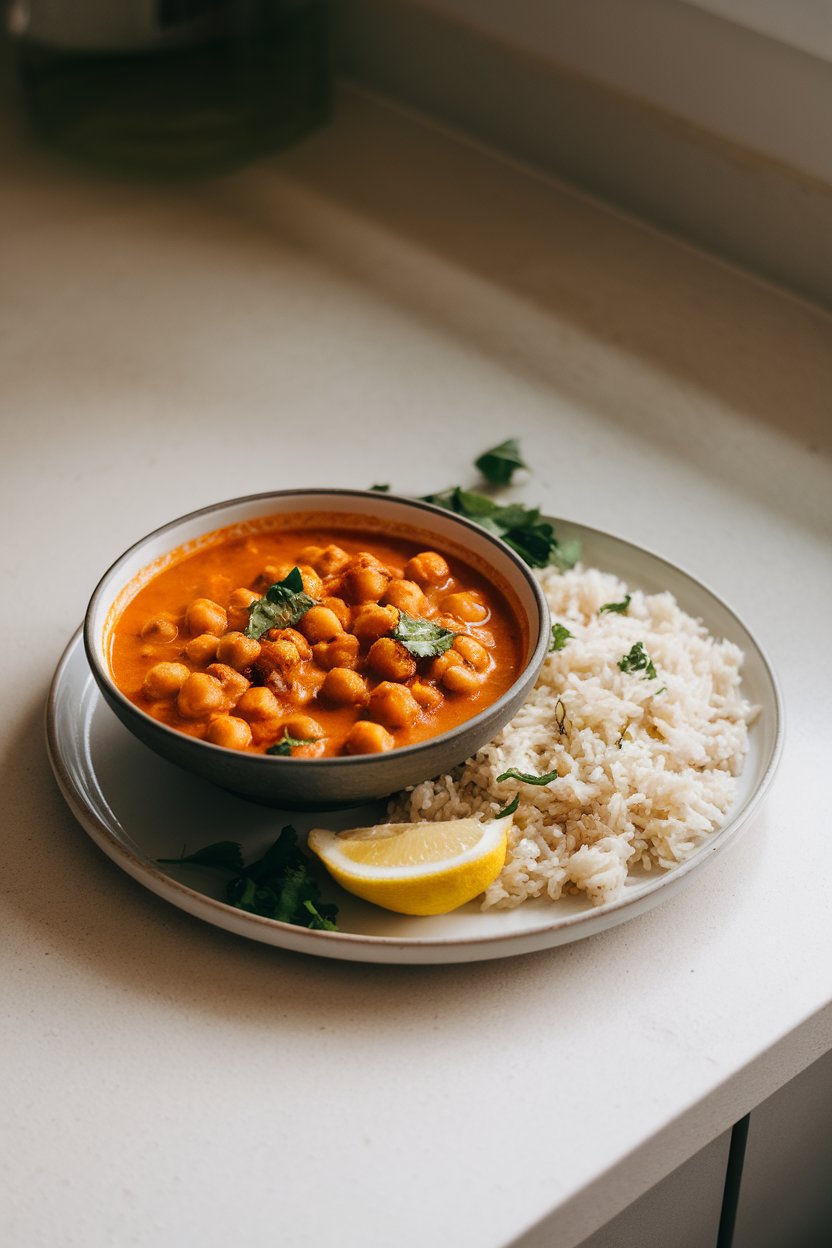 A softly lit indoor countertop showing a shallow bowl of chickpea tikka masala in rich orange sauce, served with a side of basmati rice. No text or logos. Photo, not illustration.