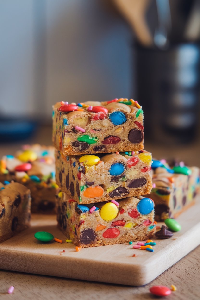 Image shot indoors of thick blondie squares loaded with colorful candy pieces, stacked on a cutting board. No text or logos.