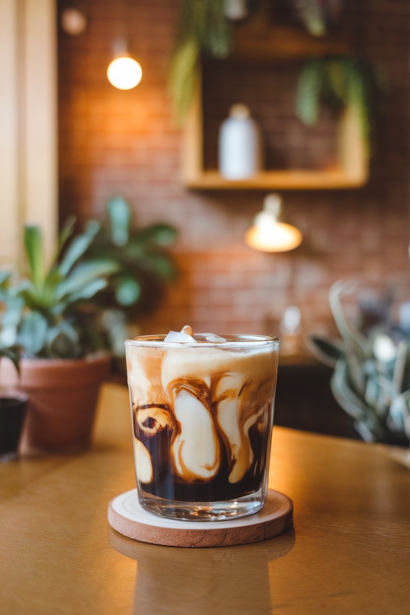 Photo of a rocks glass indoors layered with dark coffee liqueur, creamy milk swirls, and cold brew ice cubes, cozy café lighting, no text or logos