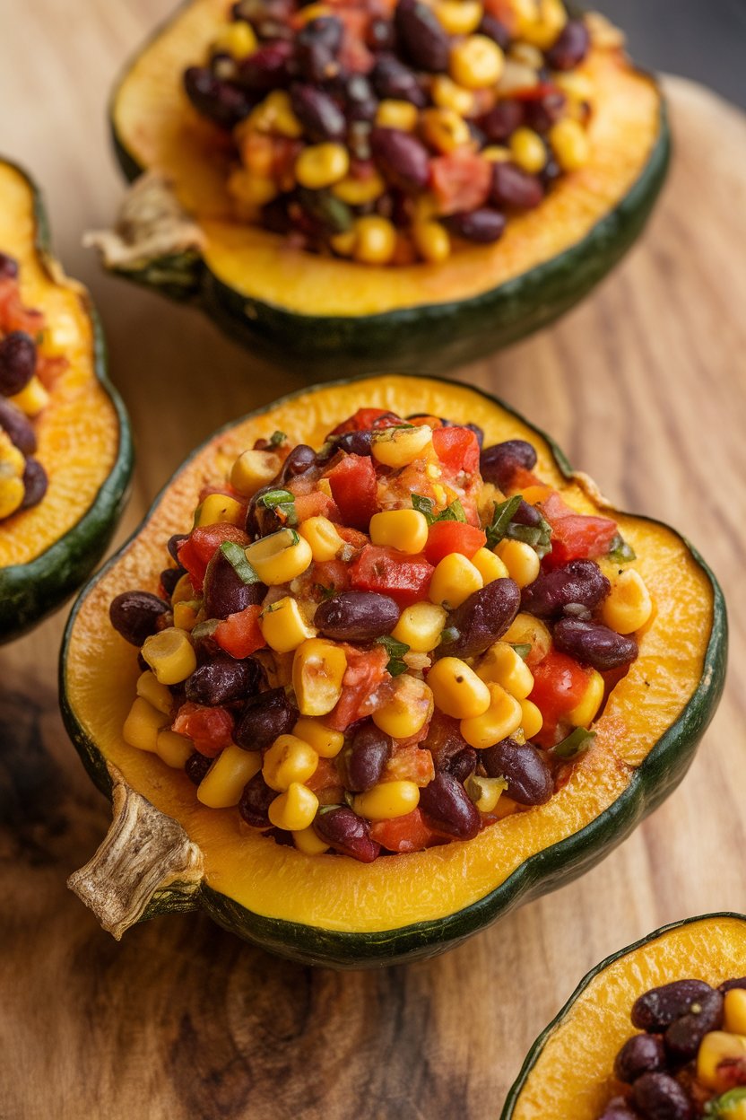 Indoor oven dish containing halved acorn squash filled with a colorful black bean, corn, and tomato mixture, lightly baked. No text or logos. Photo only.