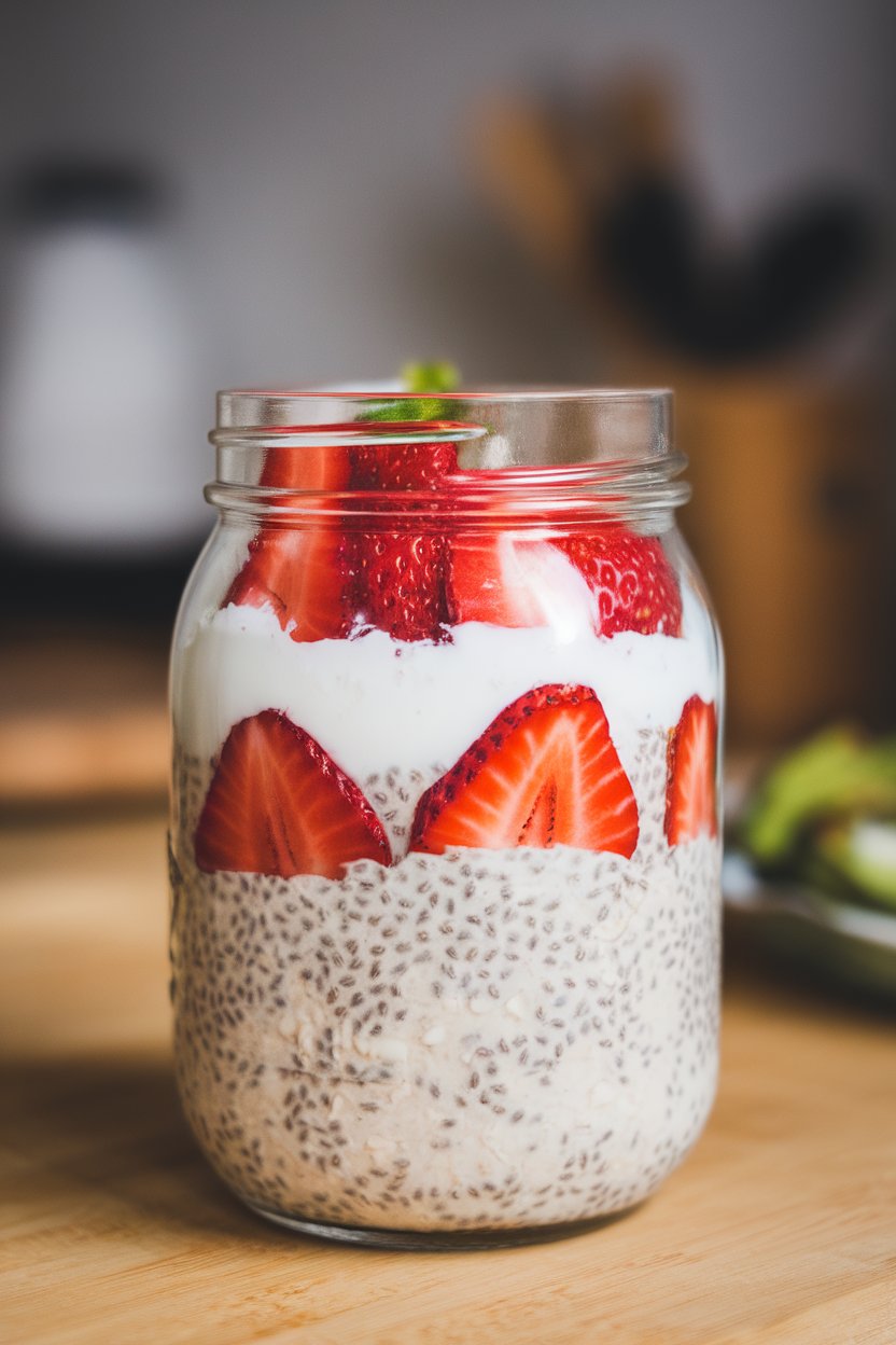 Indoor photo of a jar of overnight oats layered with coconut milk, chia seeds, and fresh strawberry slices, no text or logos