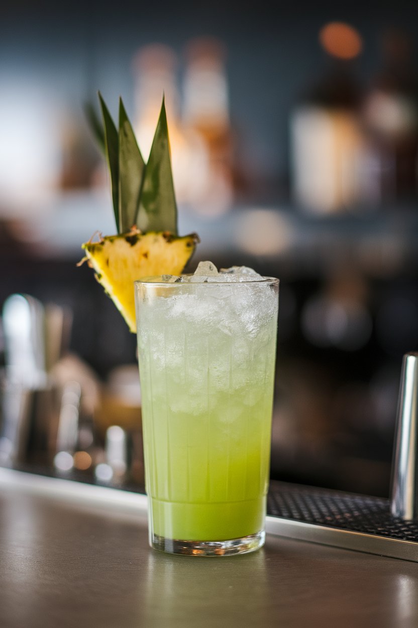 Indoor bar counter with a tall opaque cocktail shaker glass containing neon-green drink over crushed ice, pineapple leaf garnish, no text or logos, photo