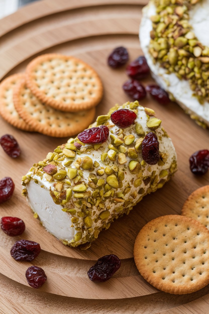 An indoor cheese board featuring a goat cheese log rolled in chopped pistachios and dried cranberries, crackers nearby. No text or logos.