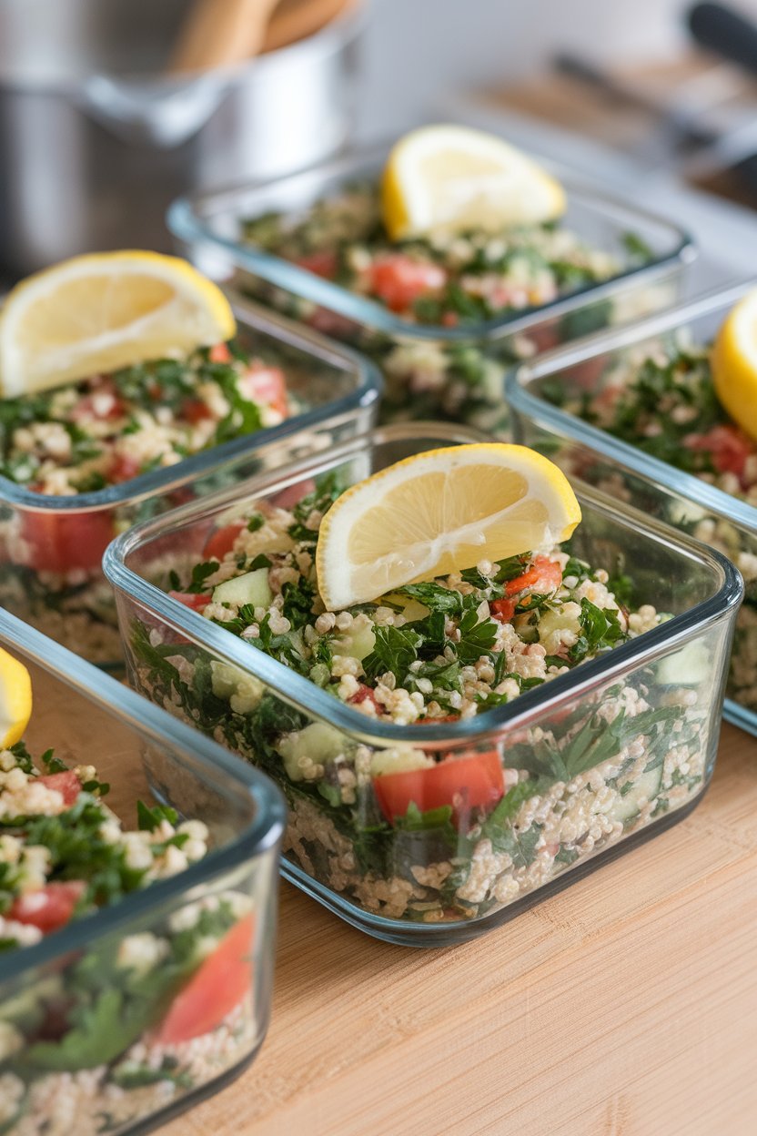 Indoor photo of glass meal-prep boxes filled with quinoa tabbouleh—parsley, tomatoes, cucumbers, and lemon wedges on top. No text or logos.