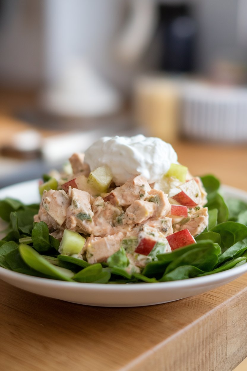 A lunch plate indoors showing a scoop of chicken salad made with diced apples, celery, and plain Greek yogurt on a bed of baby spinach. No logos or text in scene.
