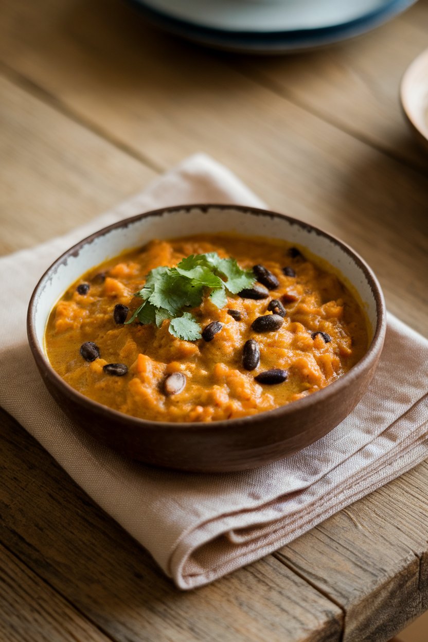 Indoor photo of a bowl of thick pumpkin curry stew with black-eyed peas and cilantro on a wooden table. No text or logos.