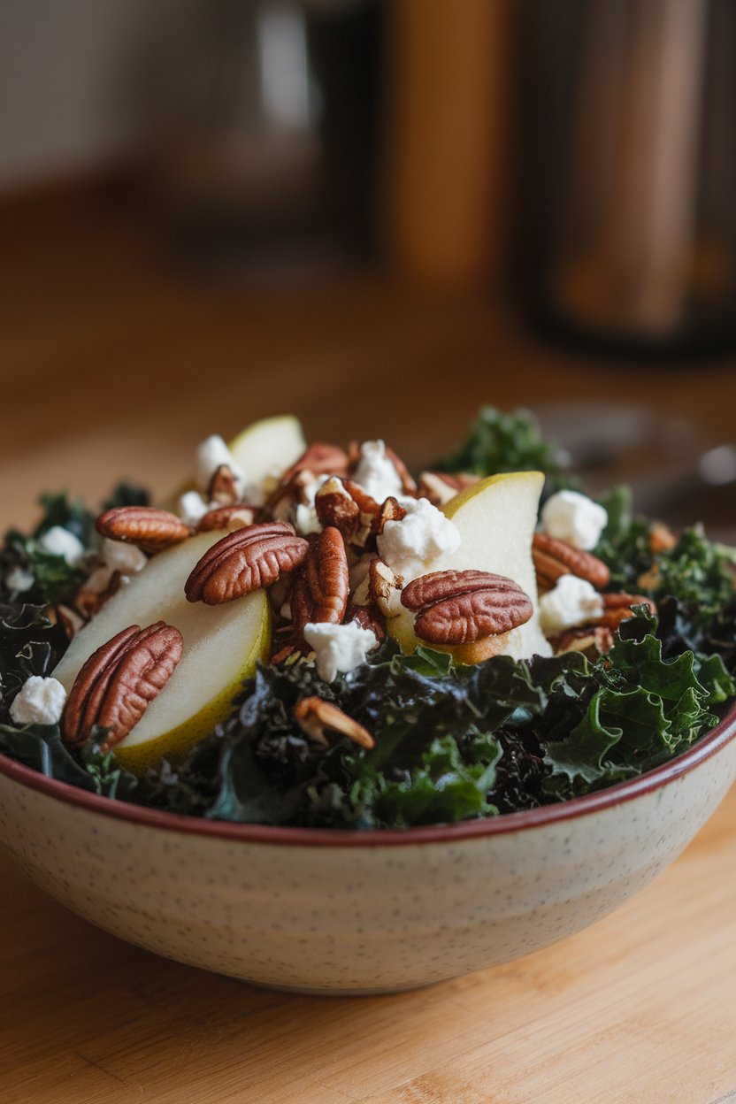 Indoor photo of a bowl of dark green kale ribbons, sliced pears, candied pecans, and crumbled goat cheese, no text or logos