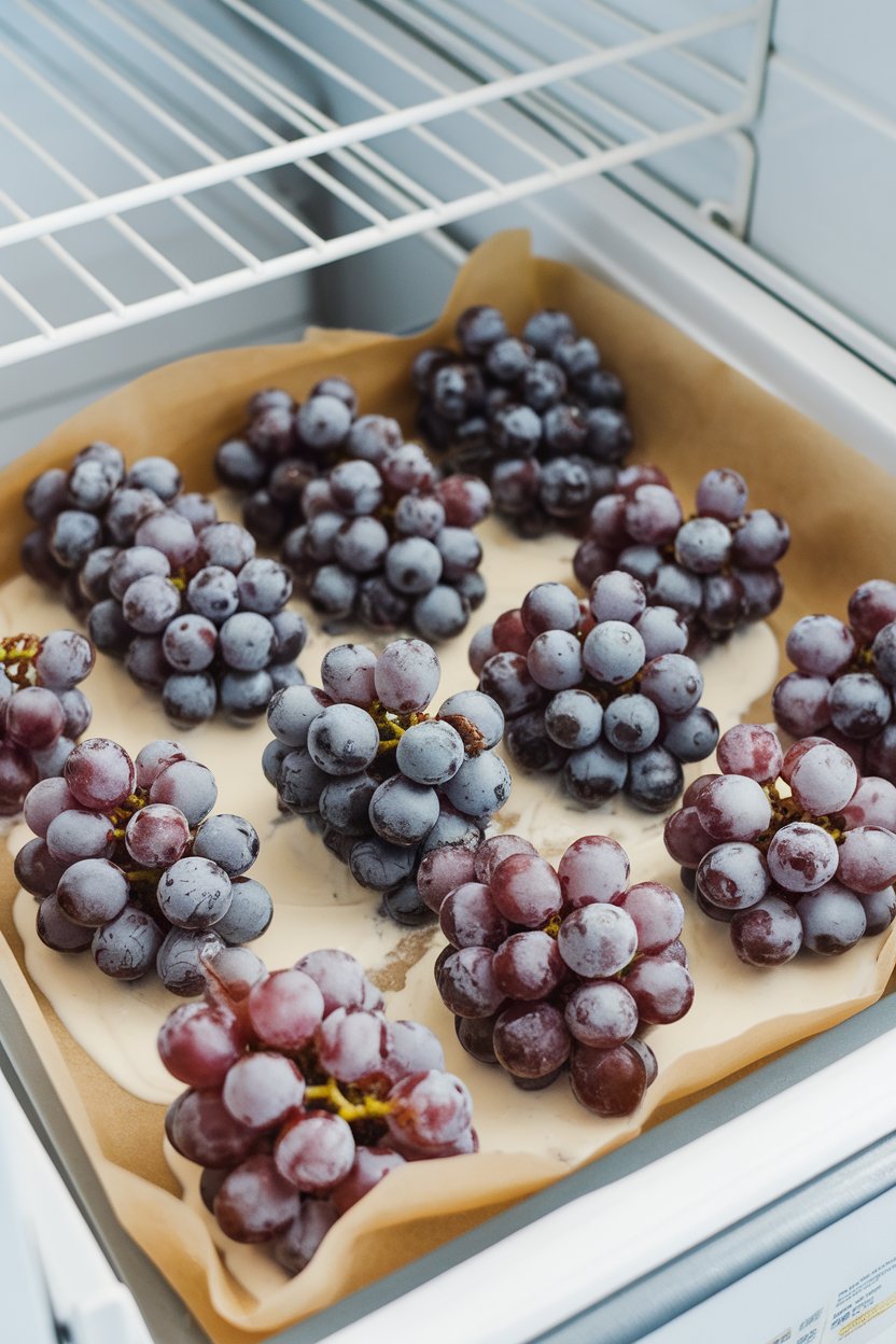 An indoor freezer bin with parchment holding clusters of grapes coated in vanilla Greek yogurt, visibly frosty; no logos.