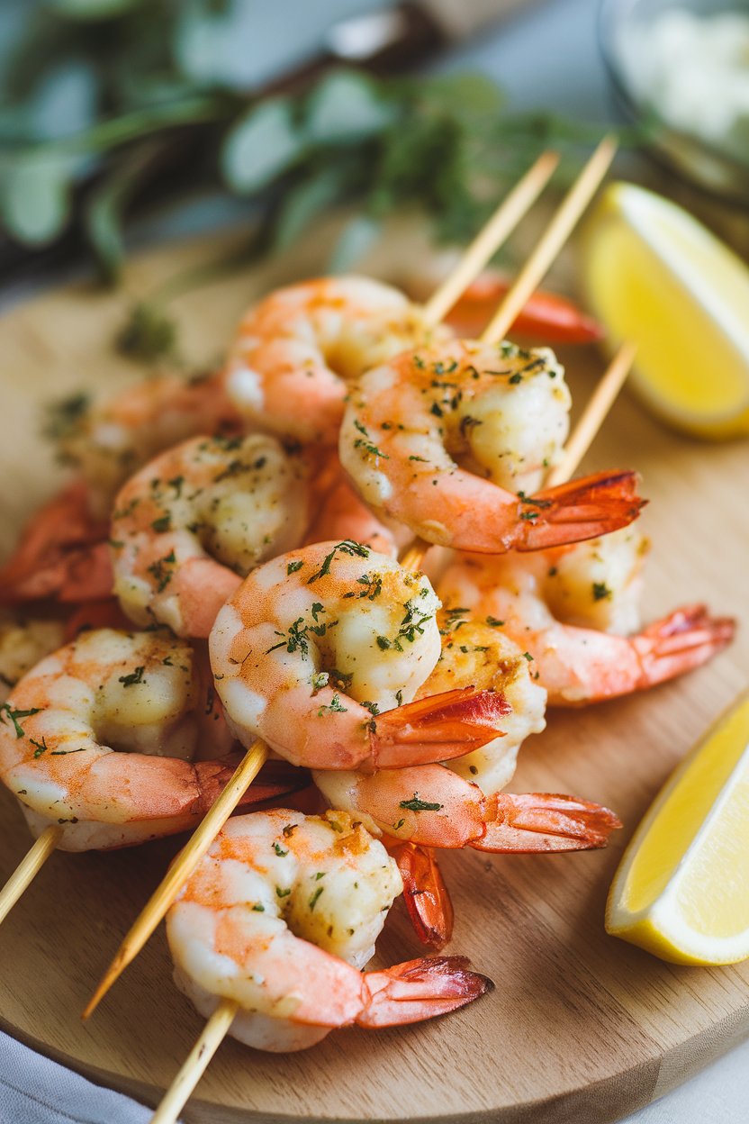 Indoor photo of cooked shrimp skewers brushed with garlic butter, lemon wedges nearby; no text or logos.