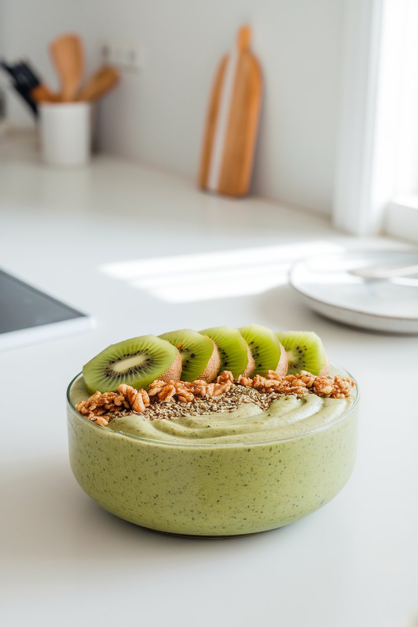 A brightly lit indoor countertop featuring a wide bowl of thick green smoothie topped with sliced kiwi, granola, and hemp seeds. No text or logos. Photo, not illustration.