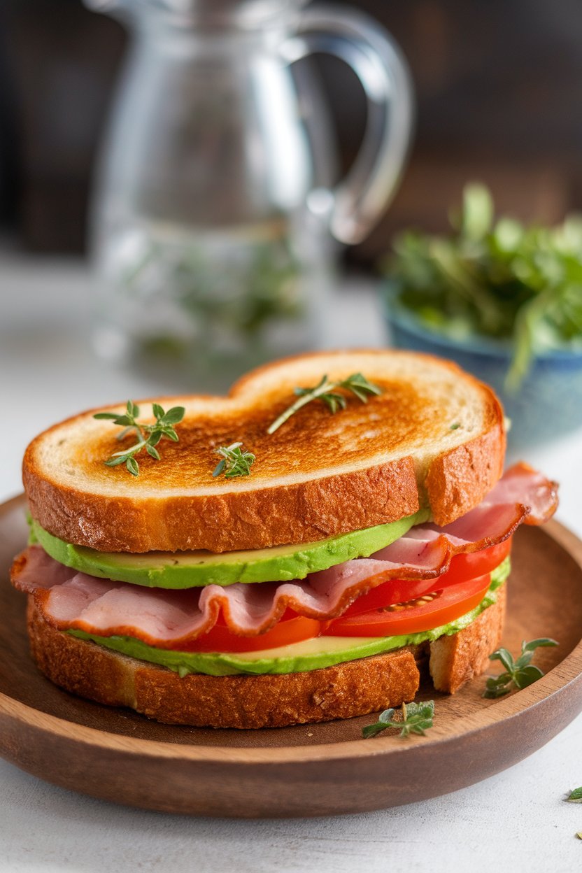 Indoor photo of toasted heart-shaped sandwich filled with turkey bacon, sliced avocado, and tomato, no text or logos visible