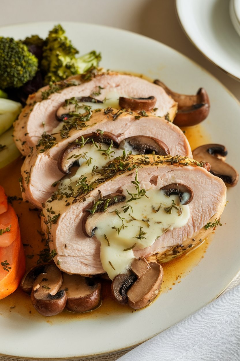 Indoor photo of sliced chicken breast oozing melted Brie and sautéed mushroom filling, herbs sprinkled on top, no text or logos