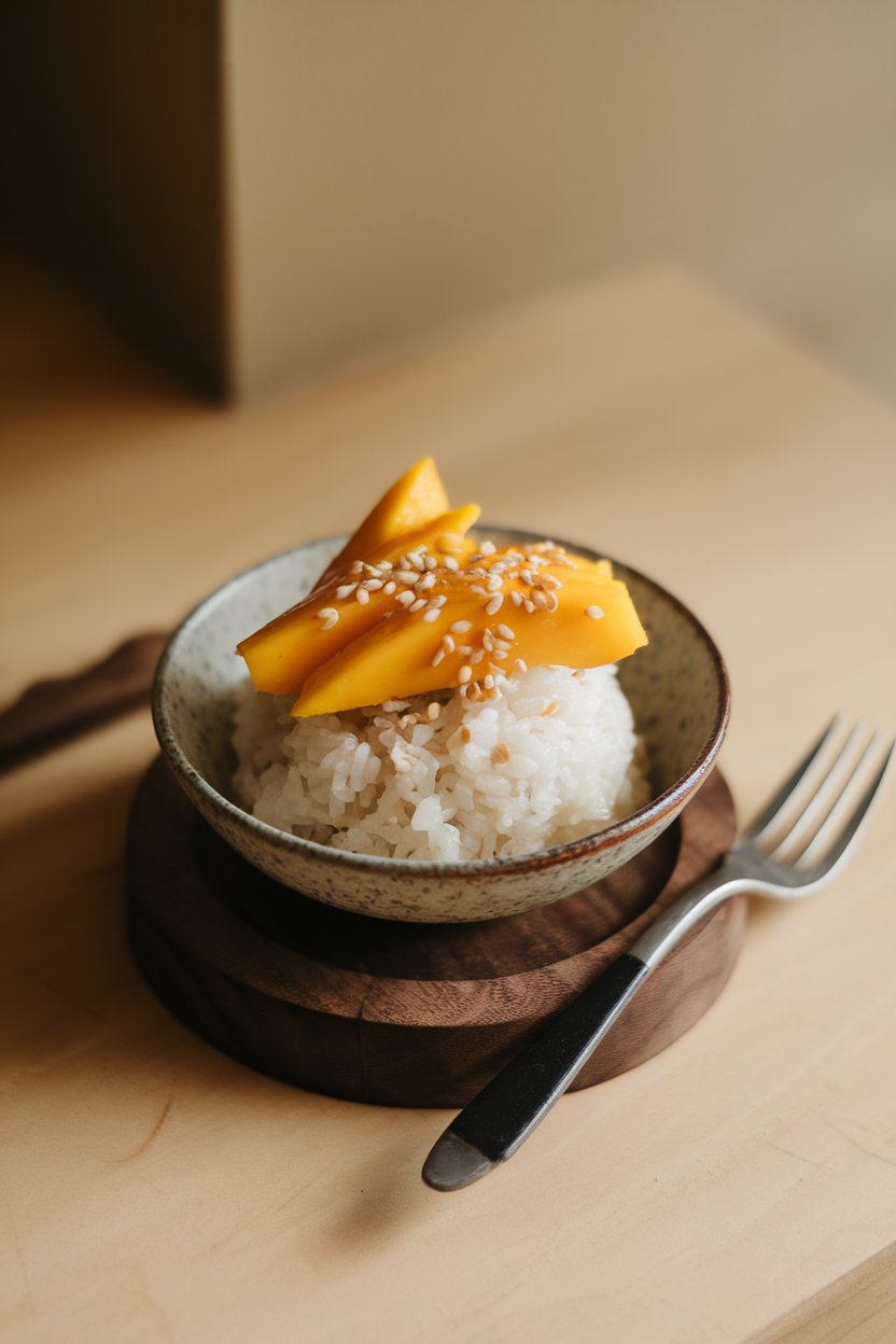Indoor photo of a small bowl of warm coconut sticky rice topped with ripe mango slices and toasted sesame seeds, no text or logos