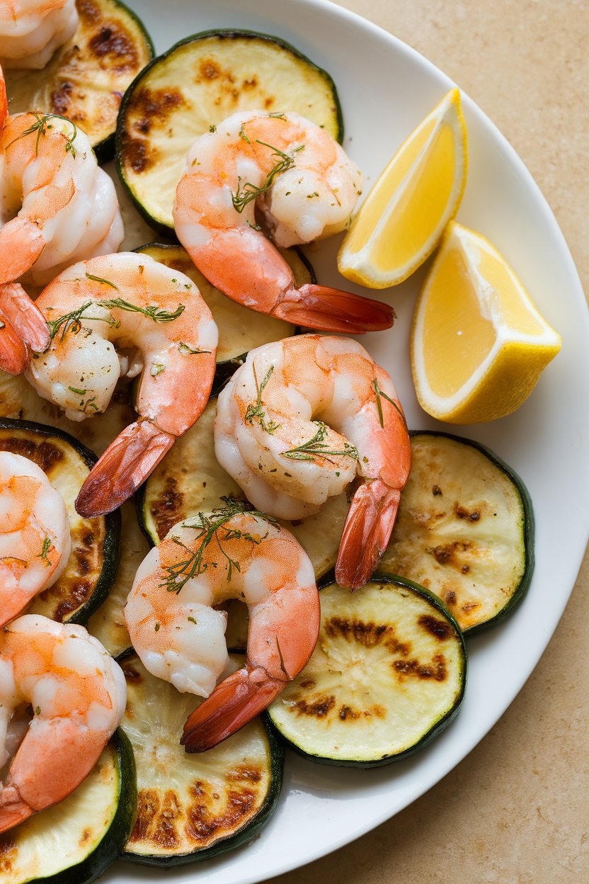 Indoor photo of roasted shrimp coated in garlic-Parmesan butter, zucchini rounds browned on the same pan, lemon wedges off to side. No text or logos.