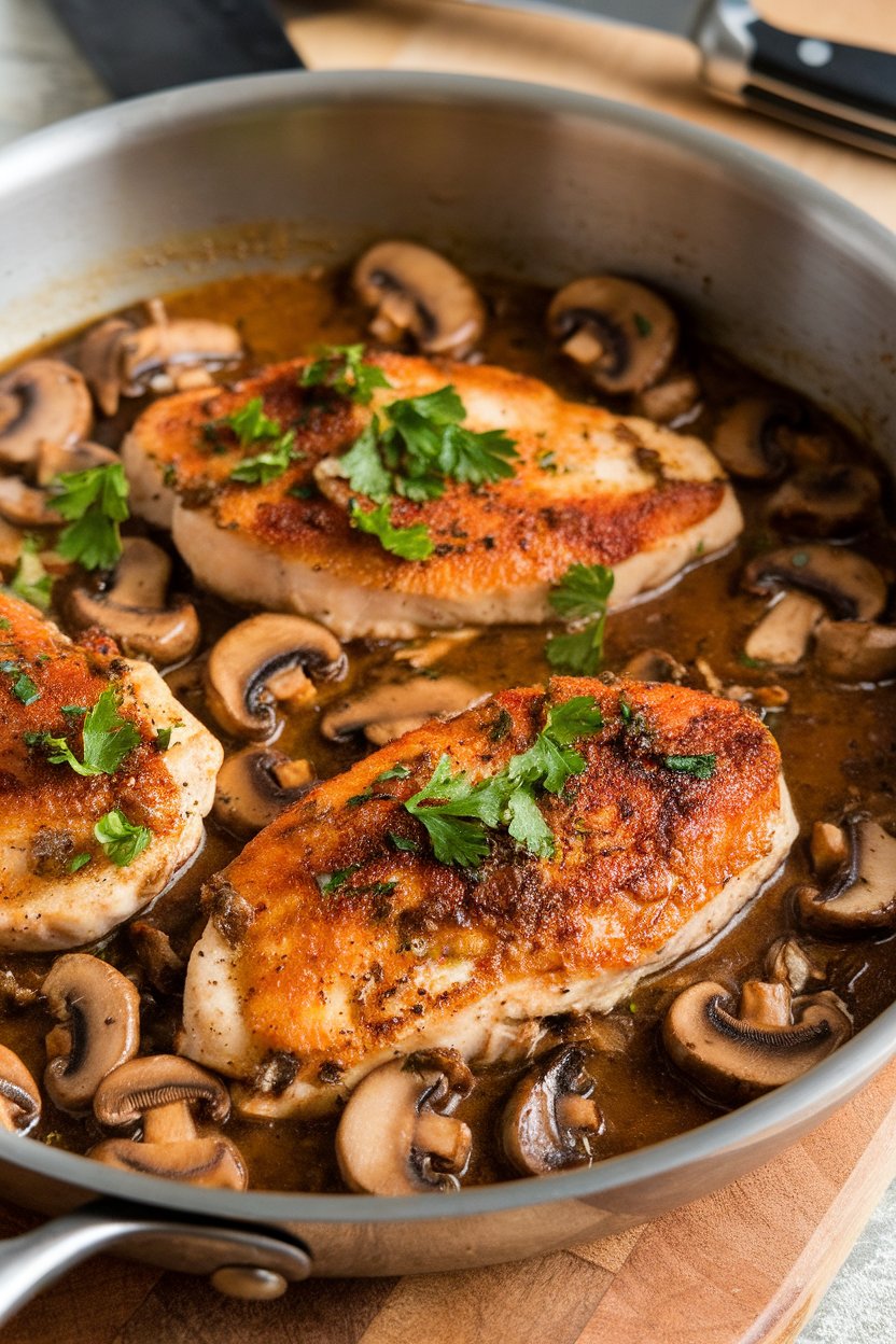Indoor photo of sautéed chicken cutlets in a skillet filled with mushroom-Marsala sauce, parsley sprinkled on top, no text or logos