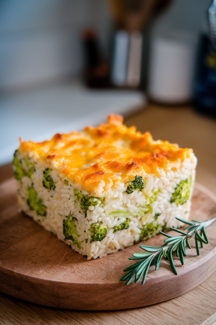 Indoor photo of a square dish filled with creamy rice dotted with bright green broccoli and a golden cheddar crust. Soft kitchen lighting, no text or logos.