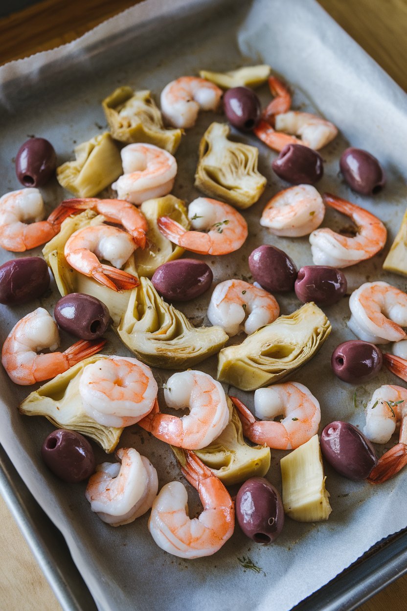 Indoor photo of roasted shrimp, quartered artichoke hearts, and Kalamata olives on a parchment-lined pan, sprinkled with fresh oregano. No text or logos present.