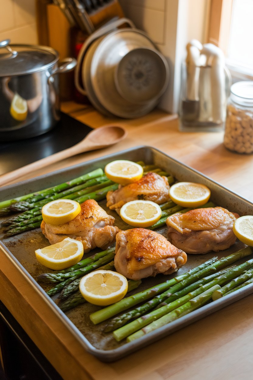 A warmly lit indoor kitchen counter with a metal sheet pan holding golden roasted chicken thighs nestled beside bright green asparagus spears, lemon slices scattered on top. No text or logos visible in the scene. Photo only.