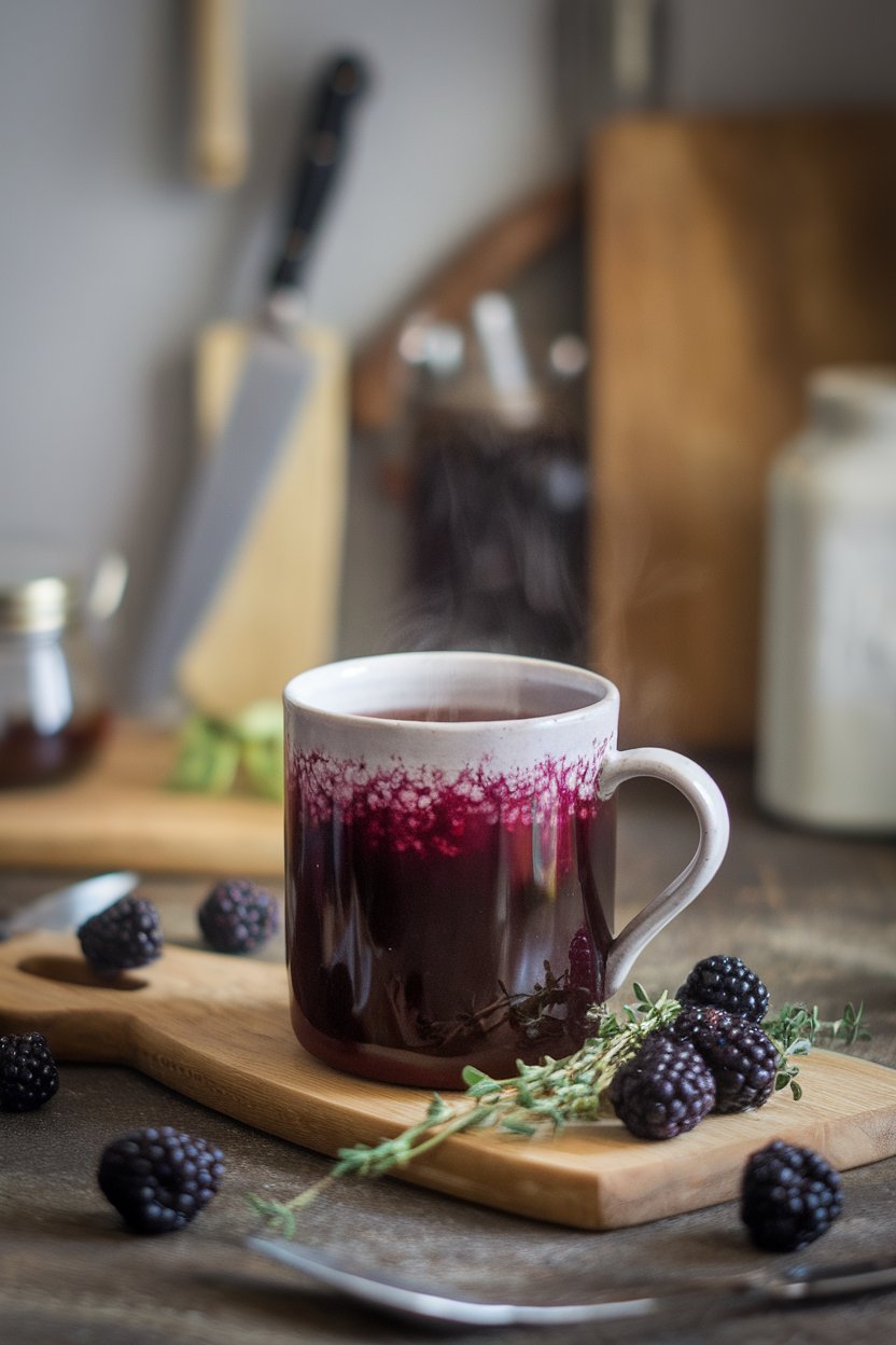 An indoor rustic kitchen table displaying a ceramic mug of deep purple blackberry thyme infusion, steam rising gently. No visible logos or text. Photo.