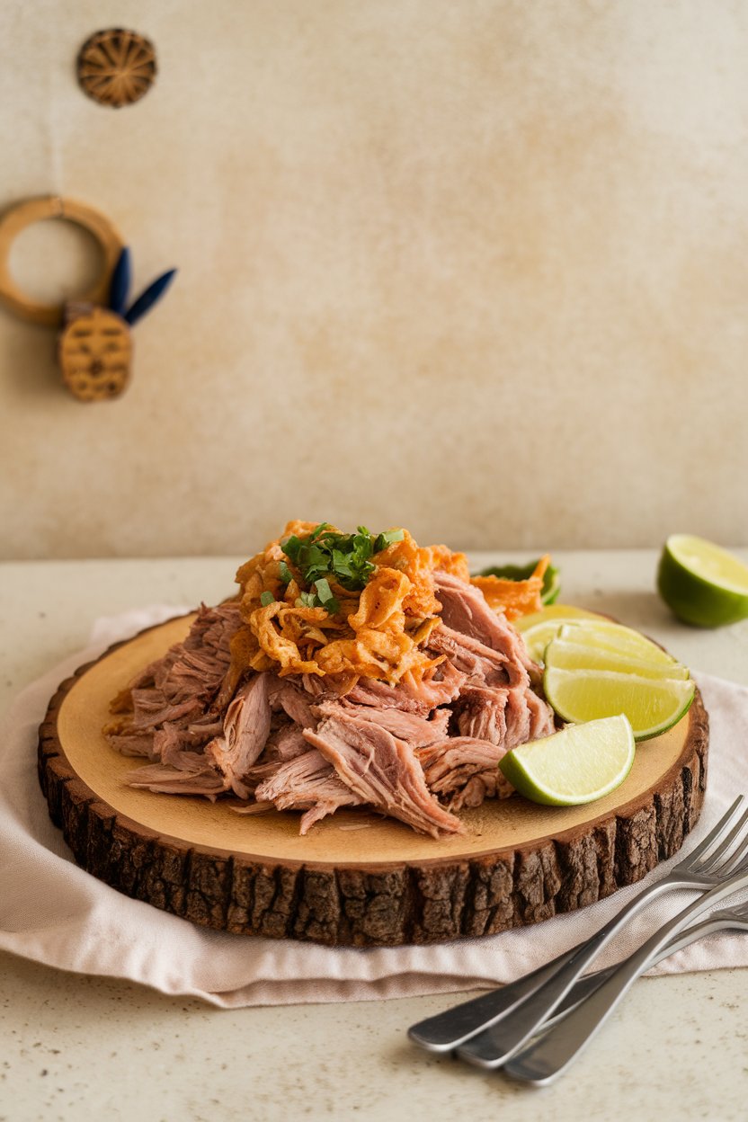 An indoor serving platter of crispy-edged shredded pork carnitas with lime wedges on the side; photo only, no text or logos.