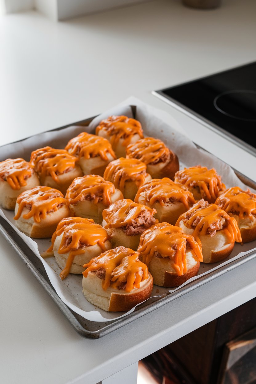 An indoor kitchen counter with a baking sheet of open-face tuna melt slider rolls topped with melted cheddar, slight browning on edges. No text or logos. Photo, not illustration.