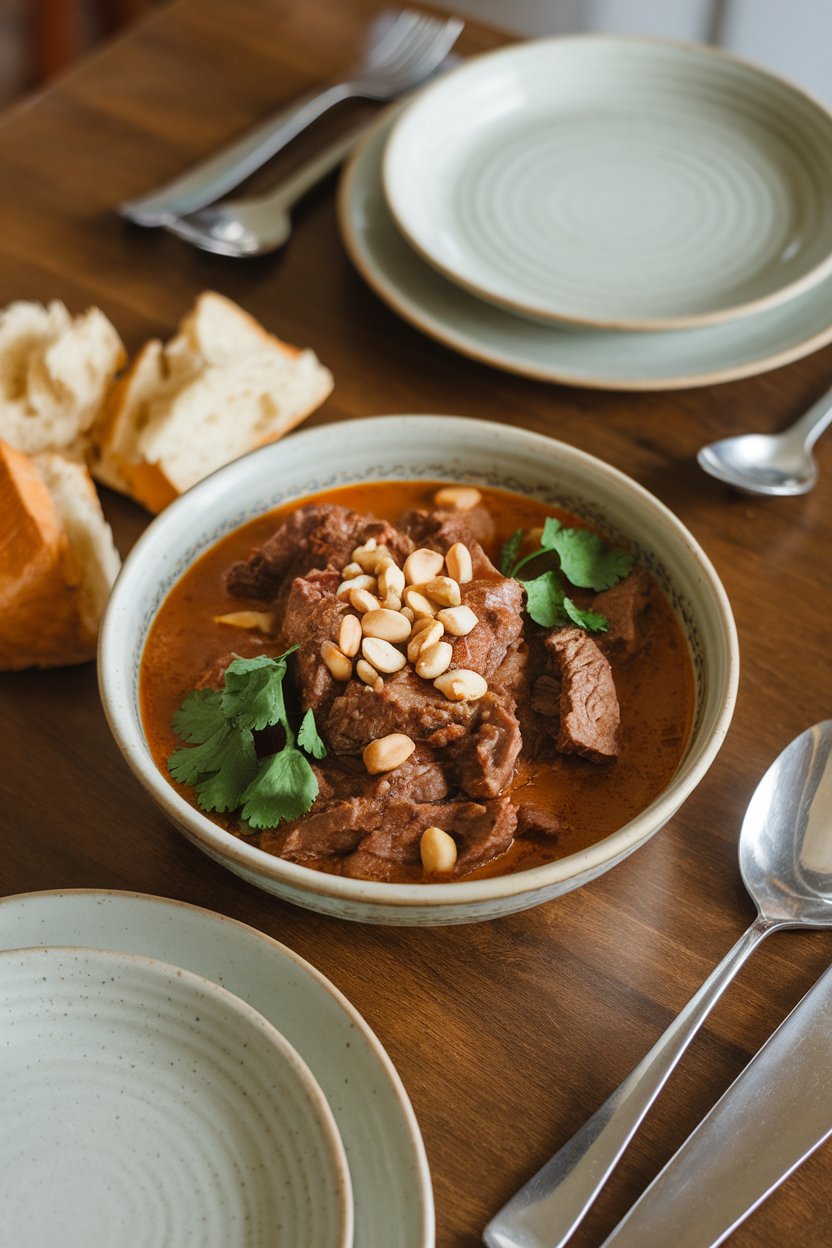 Indoor dining table with a bowl of peanut-scented beef stew garnished with chopped peanuts and cilantro. No text or logos. Photo.