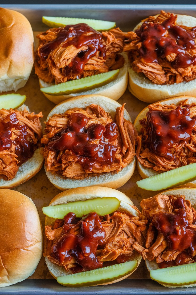 Indoor photo of pulled jackfruit in barbecue sauce piled on buns with pickles, arranged on a tray; no text or logos.