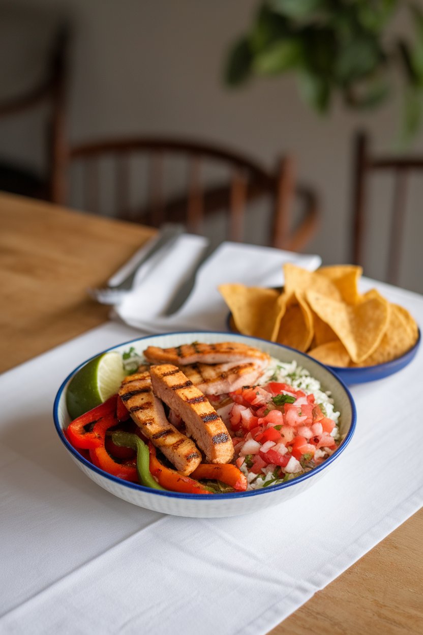 Indoor dining table showing a bowl of grilled fajita chicken strips, sautéed peppers and onions, cilantro-lime rice, and pico de gallo. No logos or text present.