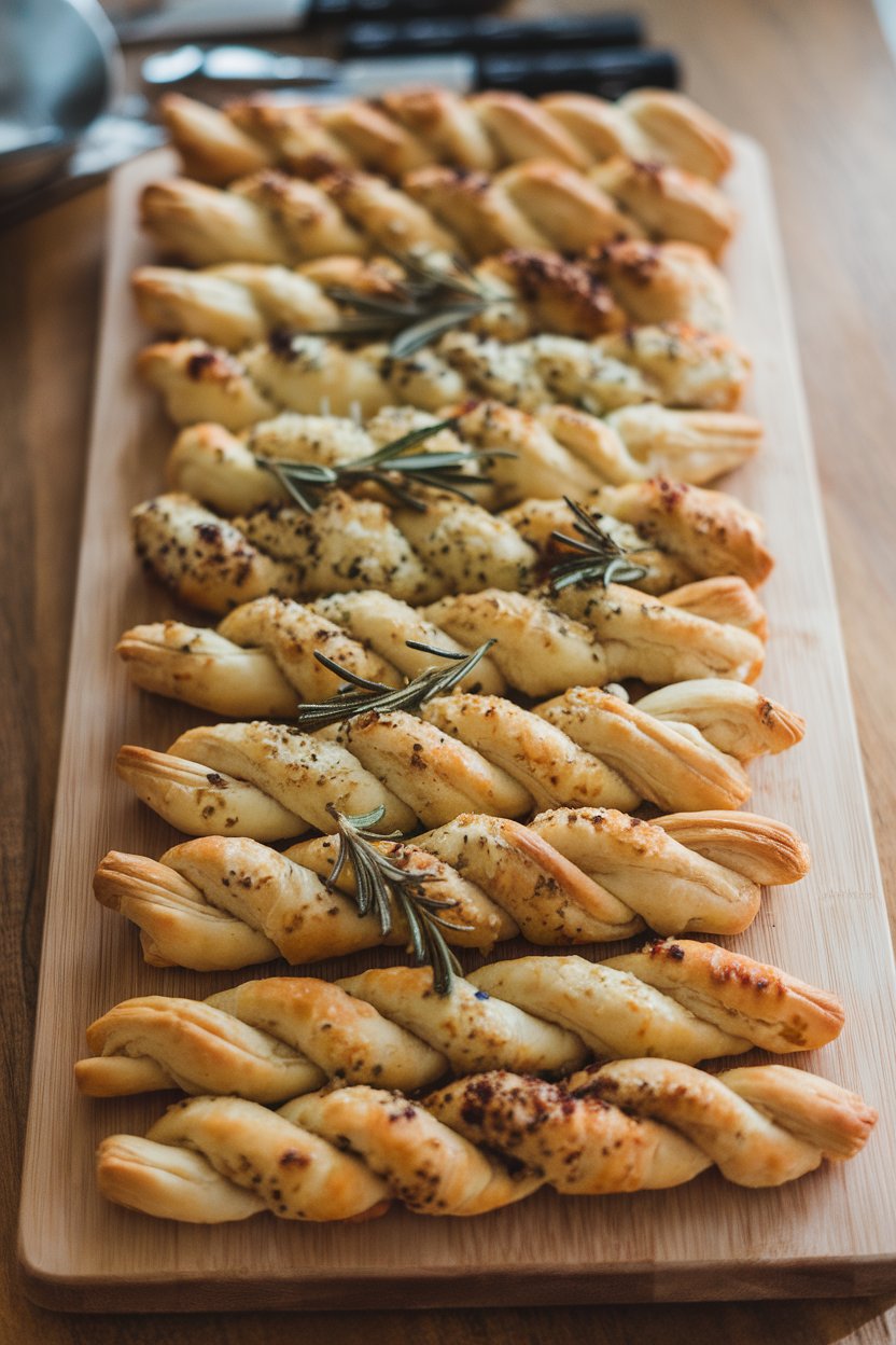 An indoor board with long puff-pastry twists speckled with melted cheese and rosemary leaves. No logos or text.