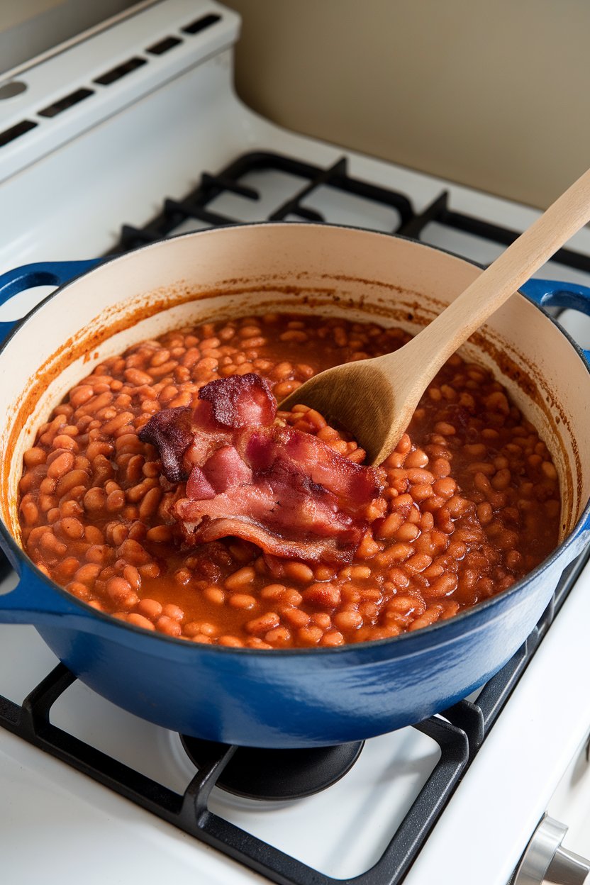 Photo of a Dutch oven of barbecue baked beans on an indoor stove, smoky sauce visible, no text or logos