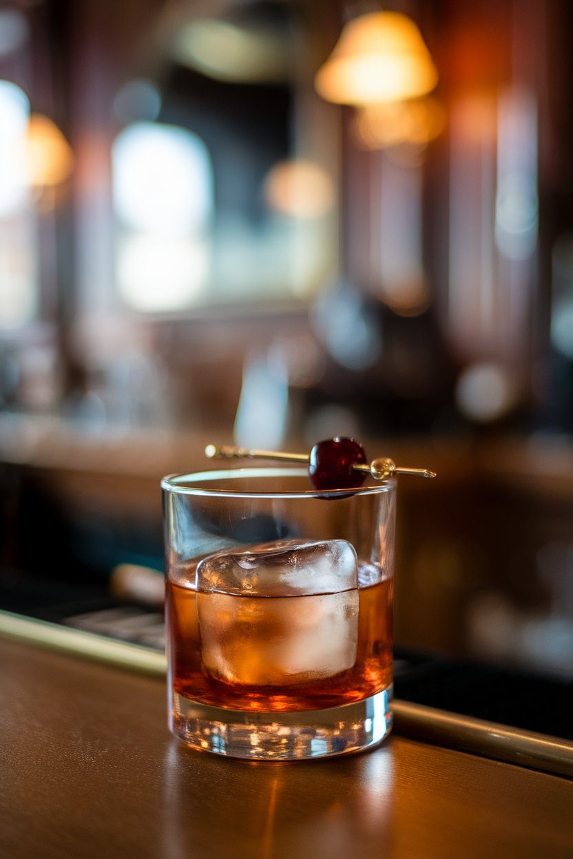 Photo of an old-fashioned glass indoors containing an amber-hued cocktail with large clear ice cube and brandied cherry, classic bar backdrop, no text or logos