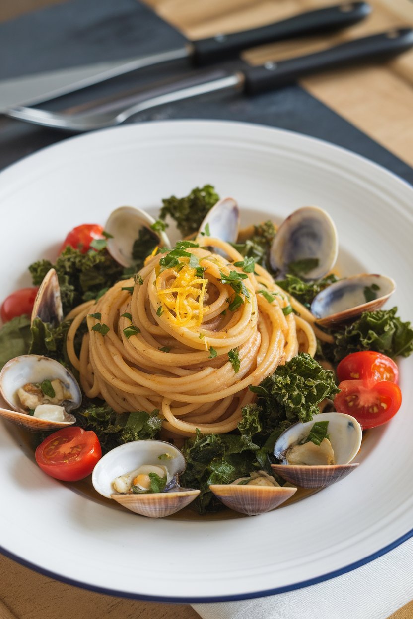 Indoor photo of spaghetti twirled with chopped clams, wilted kale, cherry tomatoes, and parsley, finished with lemon zest. No text or logos.