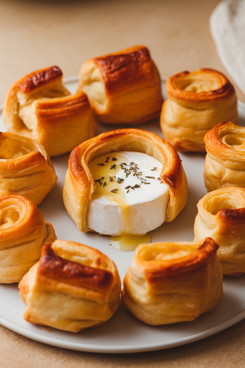 Indoor image of small puff pastry-wrapped brie rounds, golden brown and oozing slightly. Photo, no text or logos.