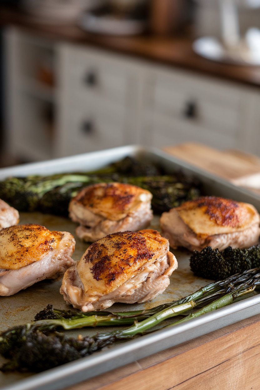 Indoor photo of lemon-pepper seasoned chicken thighs, roasted broccoli rabe with slight charred tips on a sheet pan. Warm lighting, no text or logos.