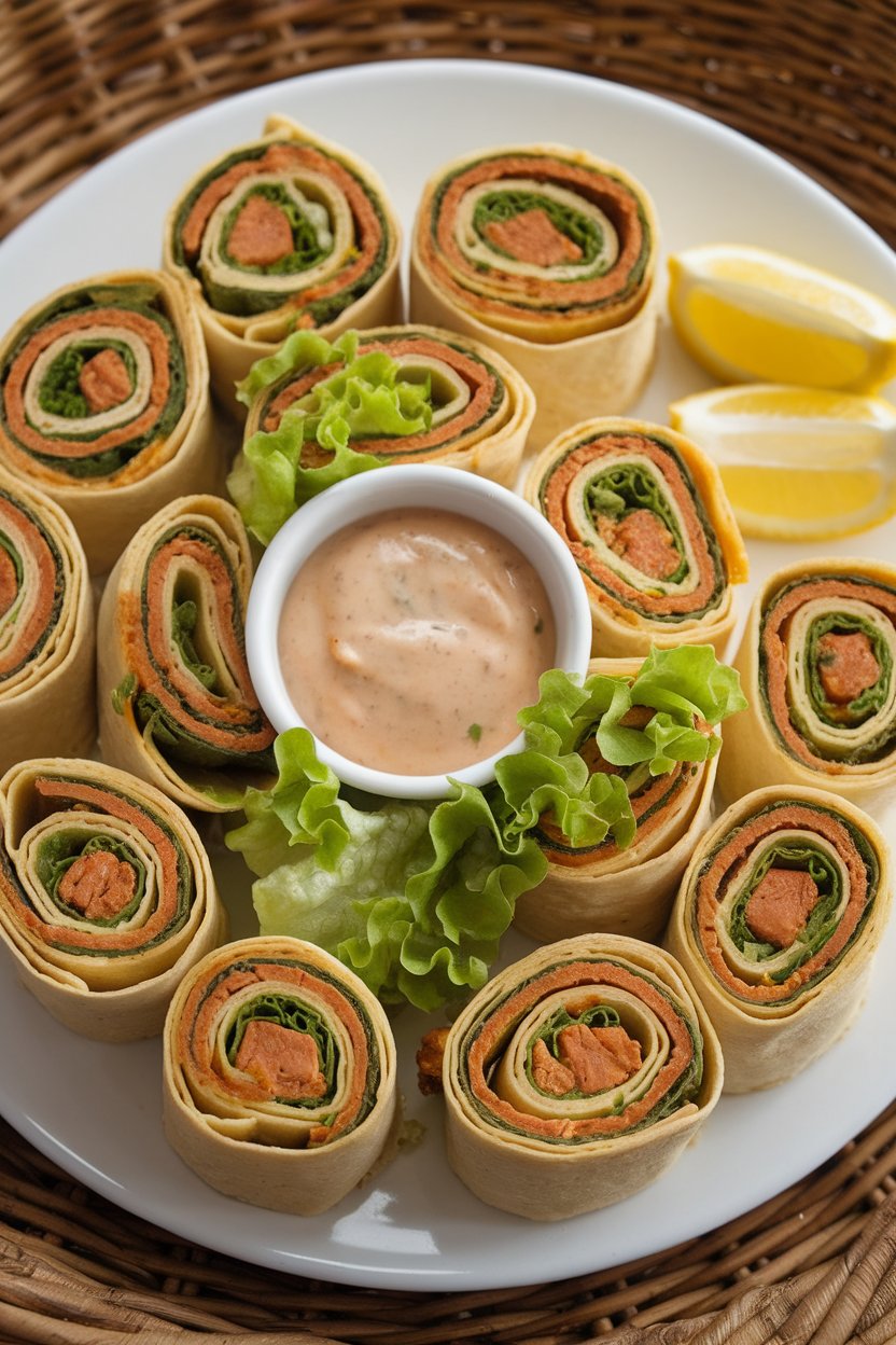 Photo prompt: Indoor platter of spiral pinwheels made from tortillas rolled with buffalo tempeh and crunchy lettuce. No logos or text. Photo, not illustration.