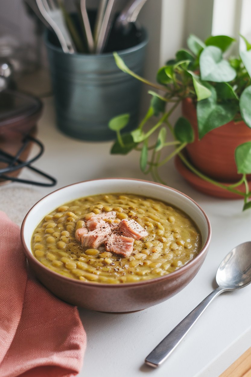 Cozy indoor countertop featuring a bowl of thick green split pea soup dotted with bits of smoked turkey, garnished with cracked black pepper. No text or logos. Photo.