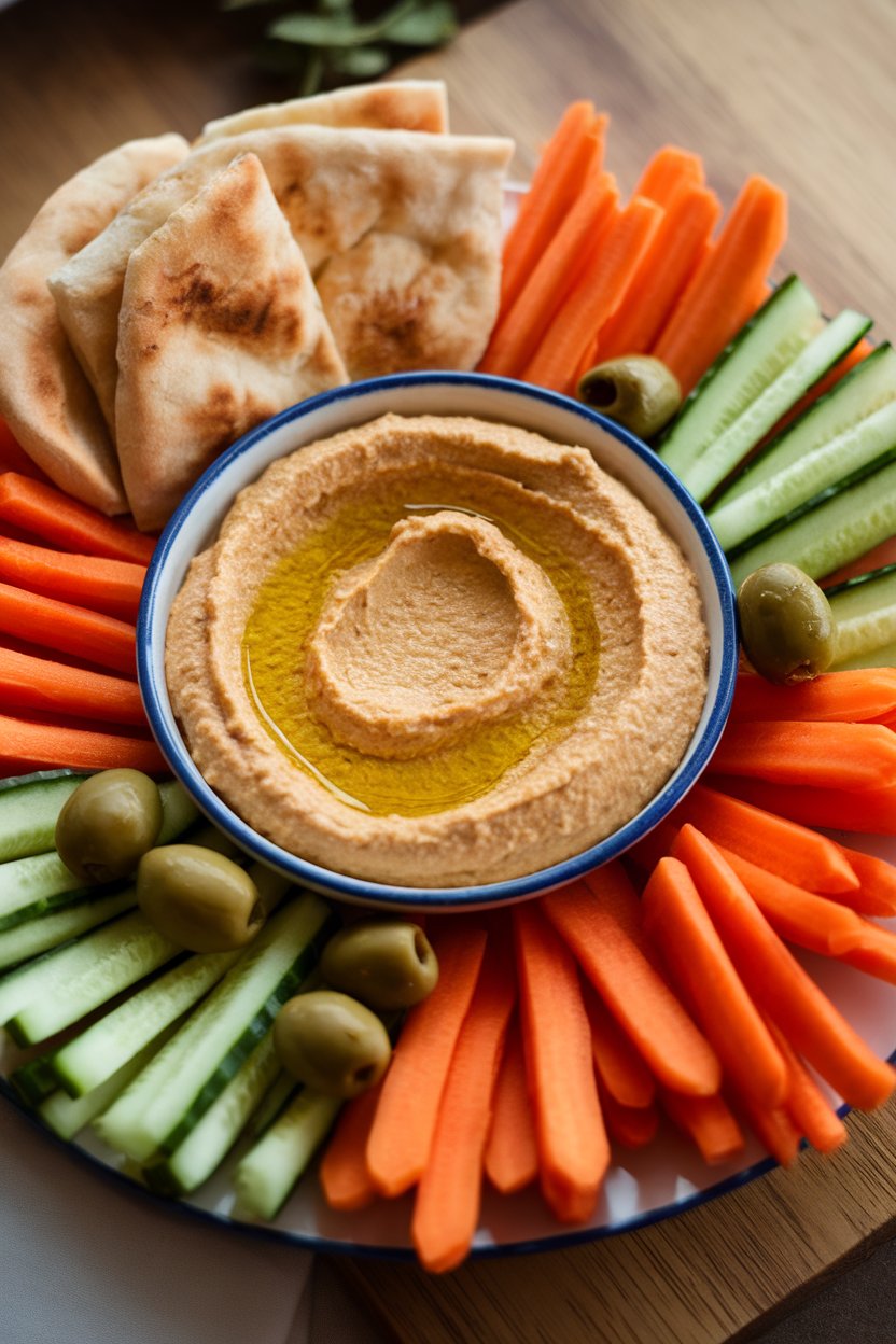 An indoor platter with a bowl of creamy hummus drizzled with olive oil, surrounded by carrot and cucumber sticks. No text or logos present.