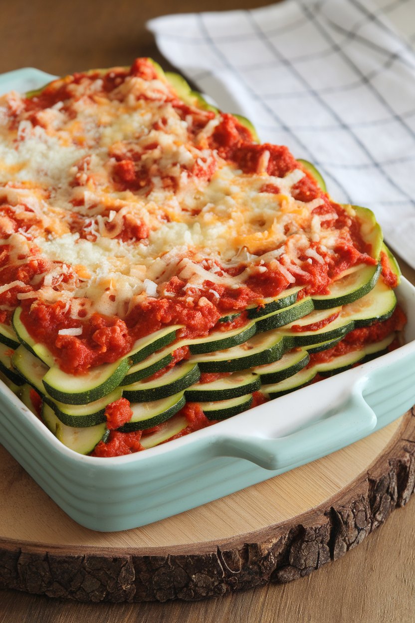 An indoor casserole dish of sliced vegetable lasagna, layers of zucchini, noodles, and tomato visible. No text or logos.