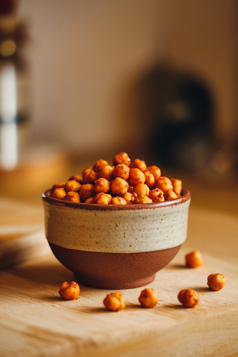 An indoor ceramic bowl of Cajun-spiced roasted chickpeas, photographed overhead—no text or logos. Photo, not illustration.