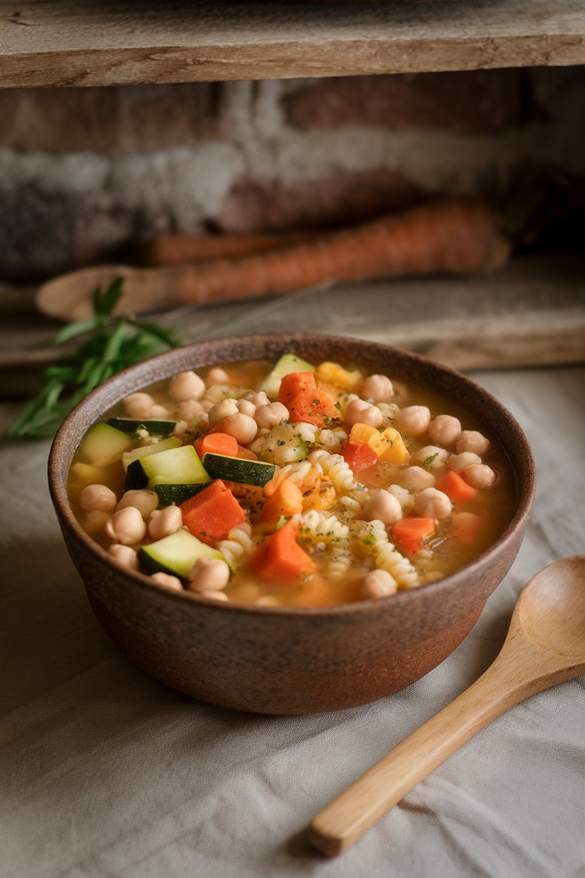 Indoor soup bowl of colorful minestrone containing chickpeas, diced zucchini, carrots, and small pasta; no text or logos; photograph.