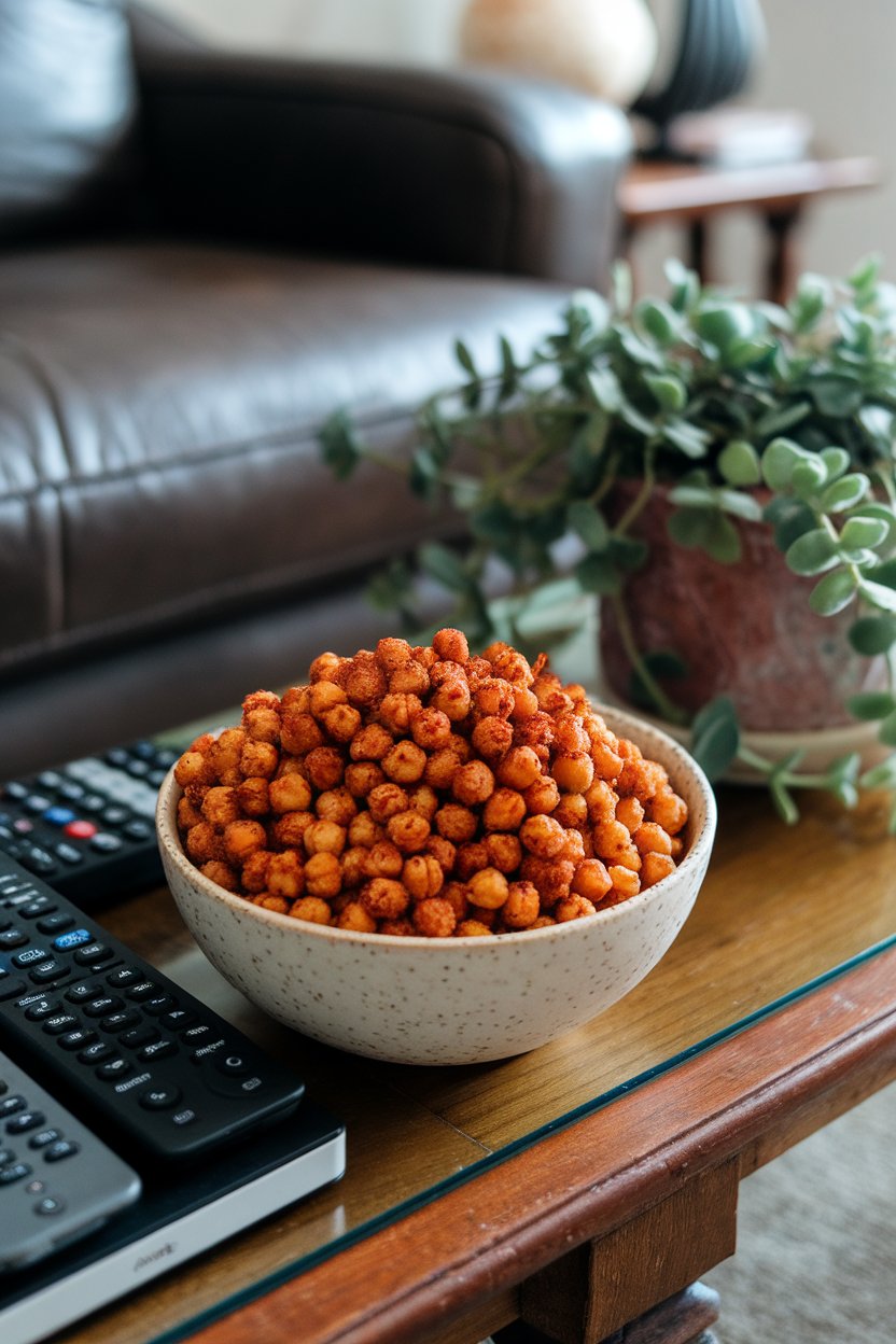 Indoor bowl of roasted chickpeas coated in smoky paprika seasoning, set on a coffee table next to remote controls. No text or logos.