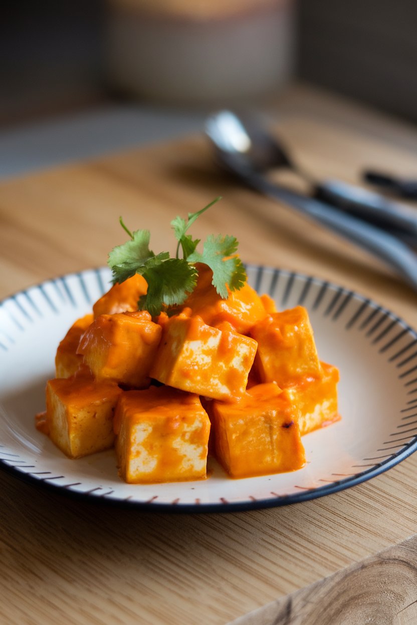 Photo prompt: Indoor plate with tofu cubes coated in bright orange mango-habanero glaze, cilantro garnish. No text or logos.