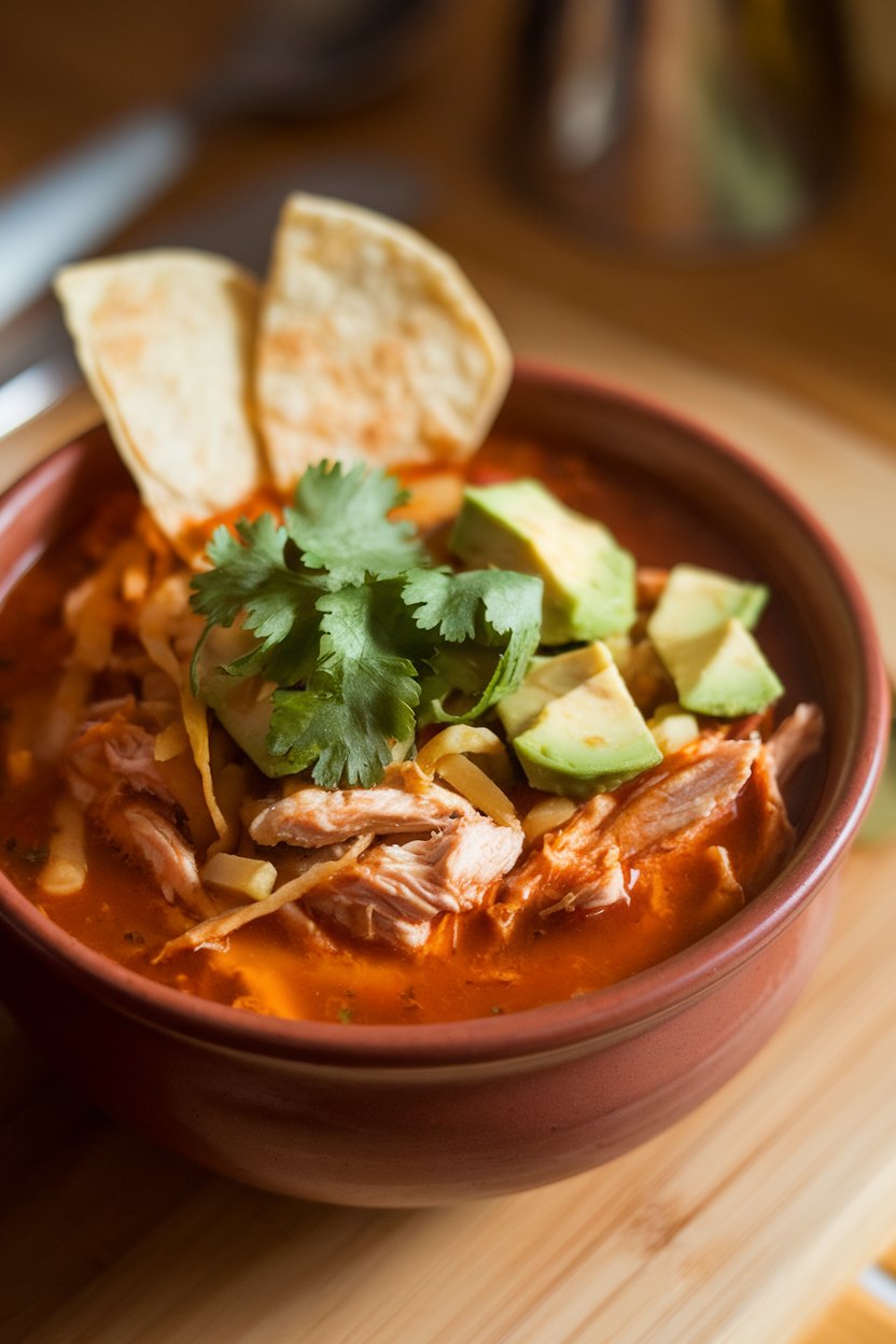 Indoor photo of a vibrant bowl of chicken tortilla soup garnished with crispy tortilla strips, avocado cubes, and cilantro; warm overhead light. No text or logos in frame.