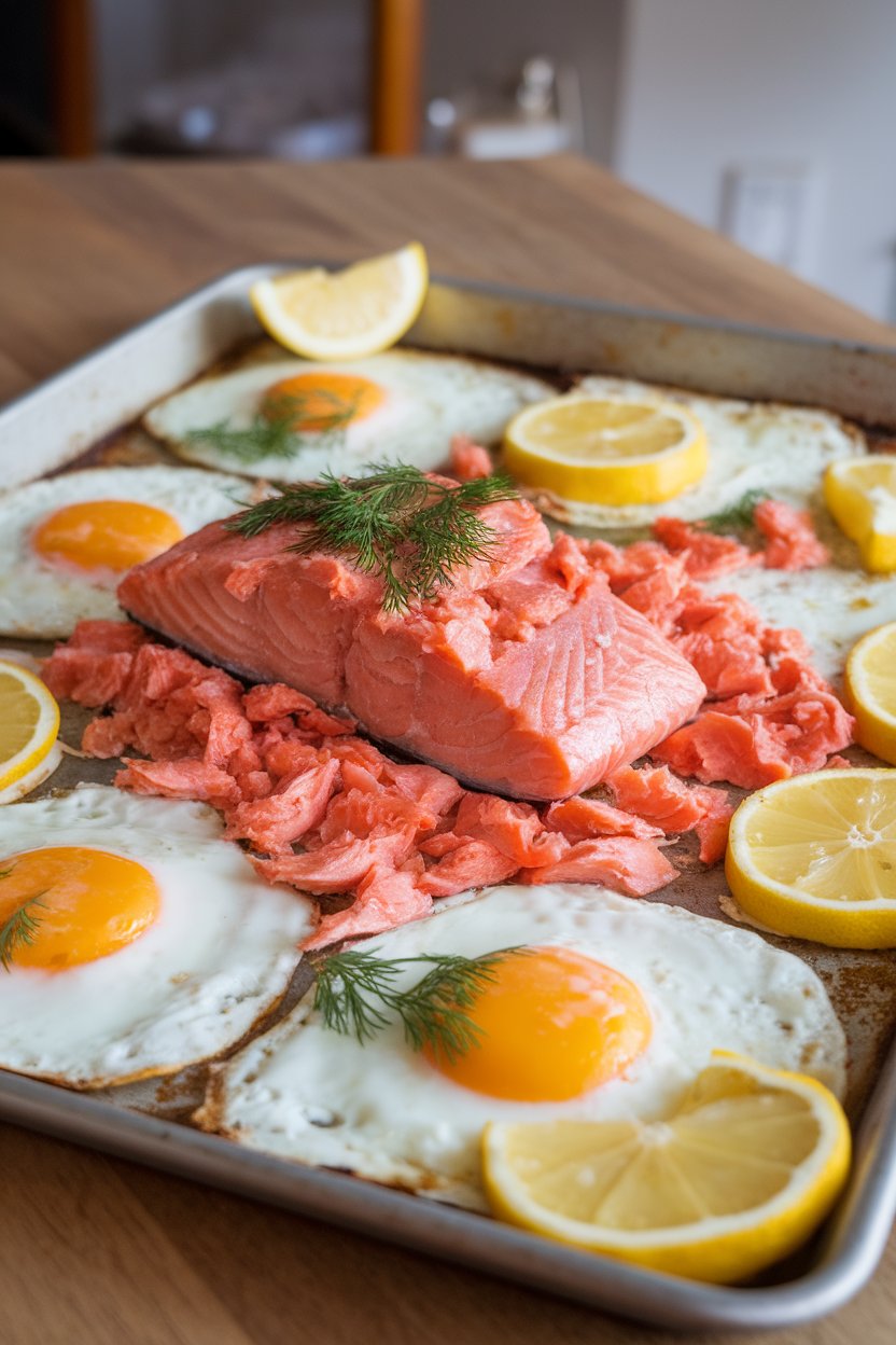 Indoor photo of a sheet pan holding flaked cooked salmon, baked eggs, and lemon slices, sprinkled with fresh dill. No text or logos.
