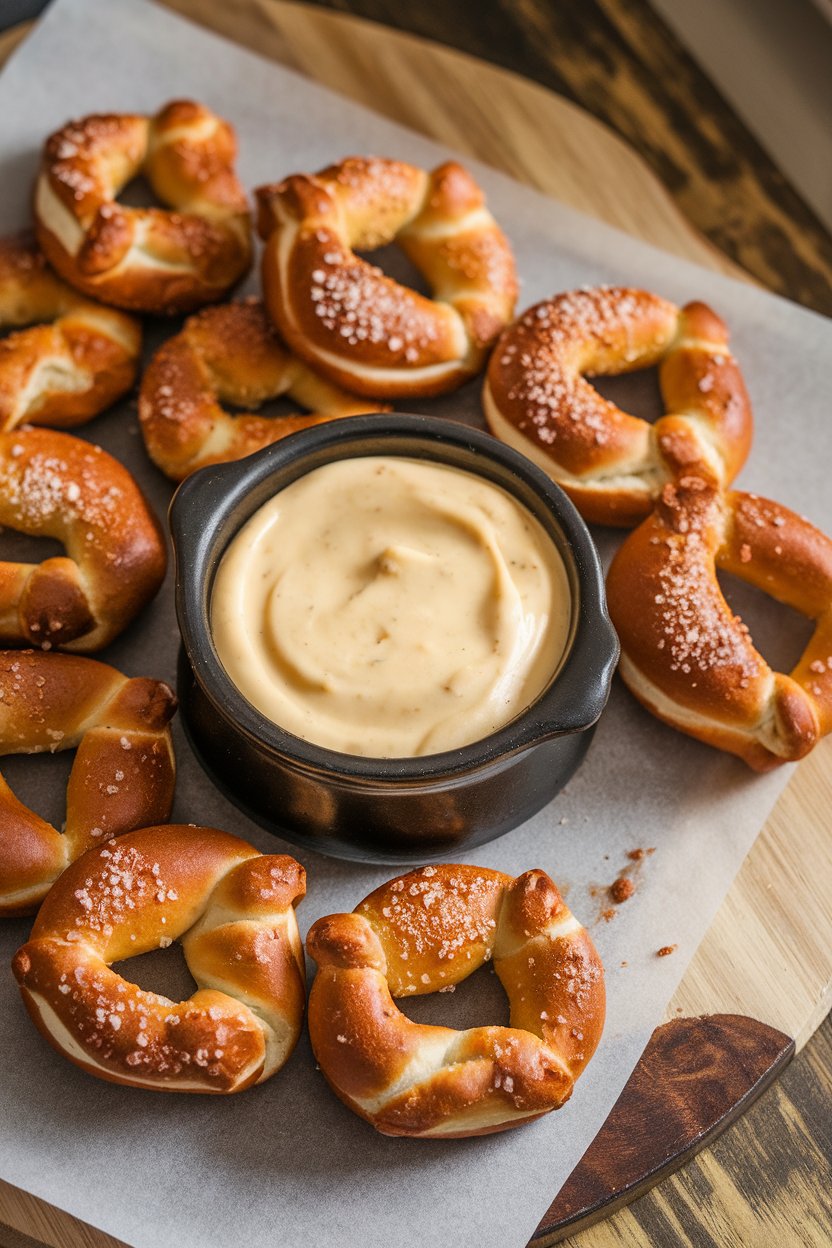 An indoor wooden board holding salted pretzel bites beside a small crock of creamy beer cheese dip. No text or logos anywhere.