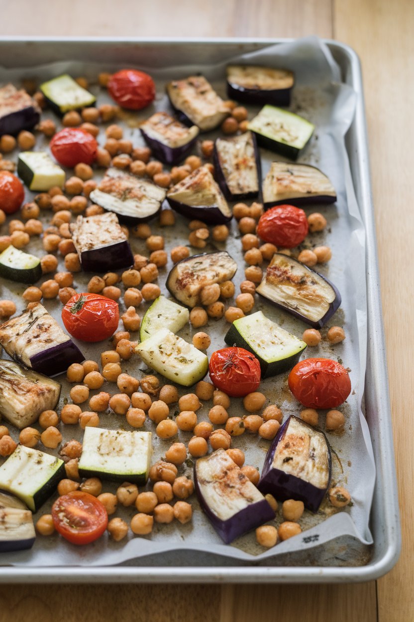 Indoor photo of roasted eggplant cubes, zucchini chunks, cherry tomatoes, and chickpeas on a sheet pan, sprinkled with oregano. No text or logos.