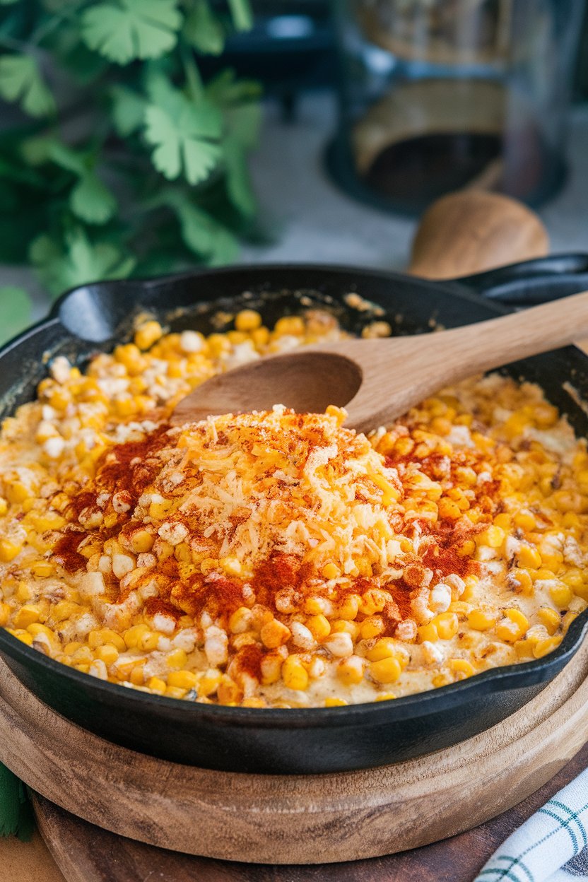Indoor photo of skillet of creamy street corn dip topped with cotija and chili powder, spoon inside. No text or logos.