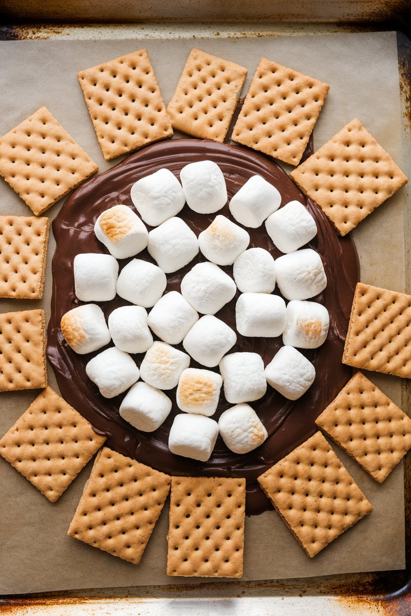 Indoor photo of graham cracker squares, melted chocolate, and toasted marshmallows broiled on a sheet pan. No text or logos.