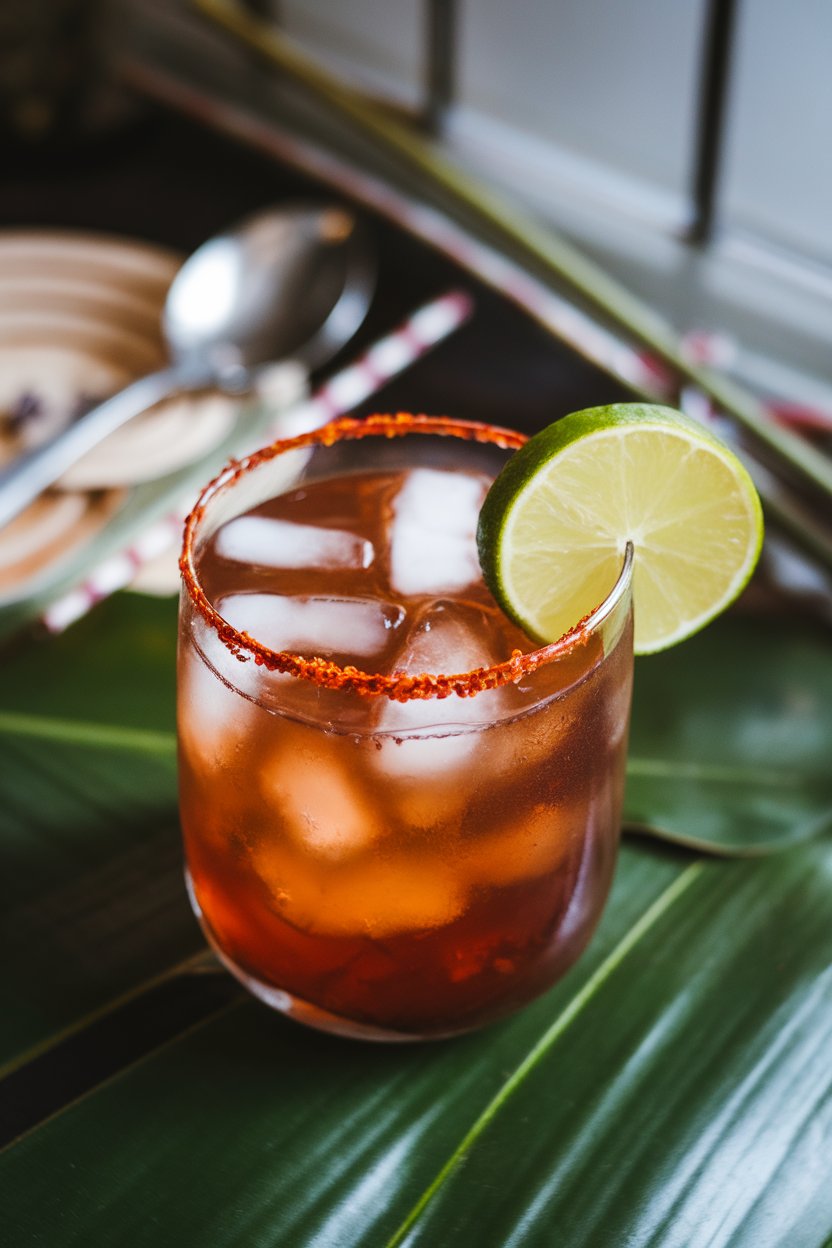 Indoor scene with a glass of dark amber tamarind drink over ice, chili-salt rim, no logos.