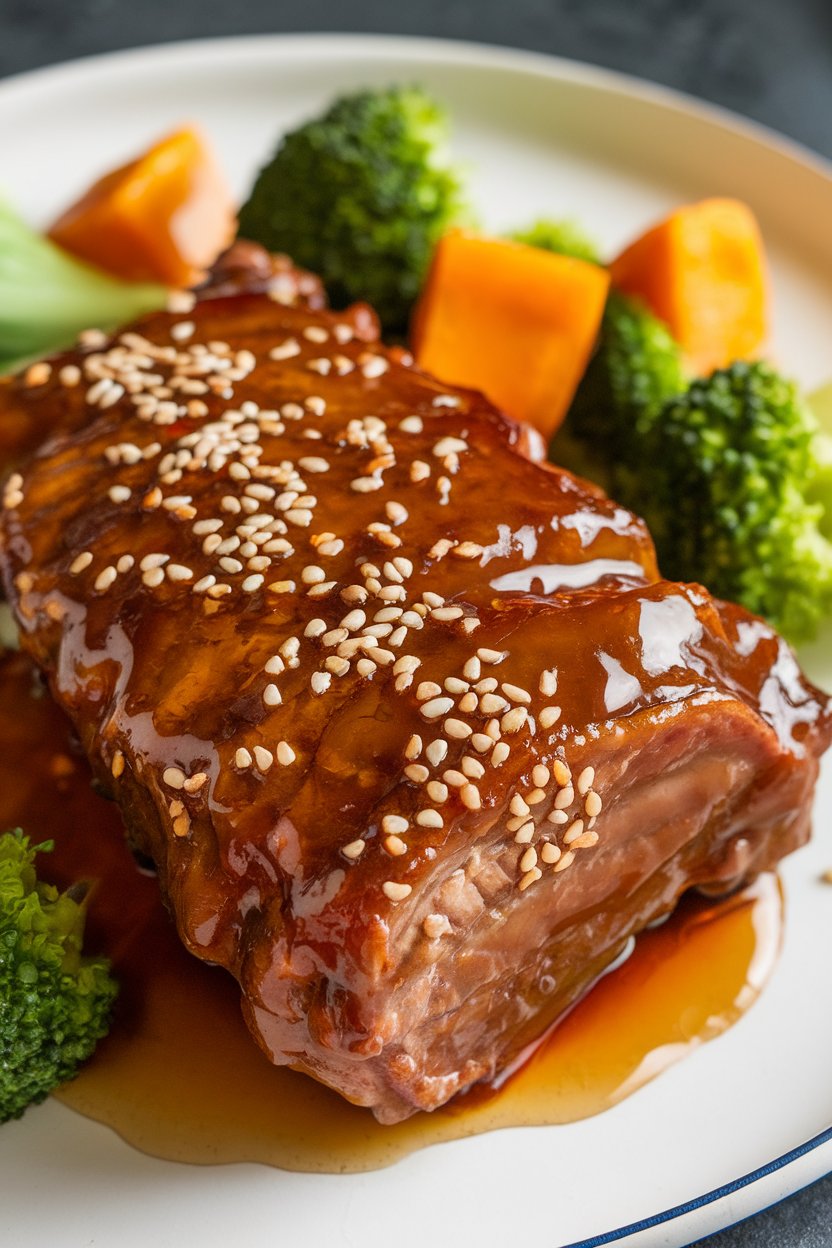 Indoor photo of short ribs in glossy honey-sriracha glaze, sesame seeds sprinkled; no text or logos